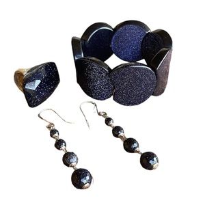 Lola Rose Blue Sandstone/ goldstone Bracelet, Earrings And Ring.  HSN LR